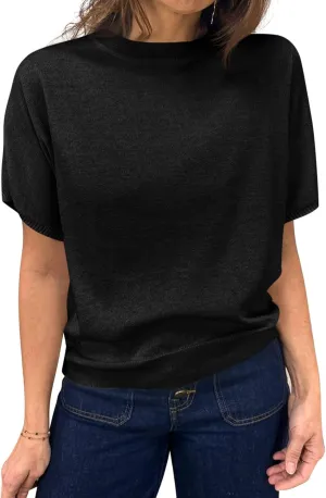 Saodimallsu Womens Short Sleeve Sweater Casual Basic Crew Neck Loose Knit Pullover Tops Summer Lightweight Blouses
