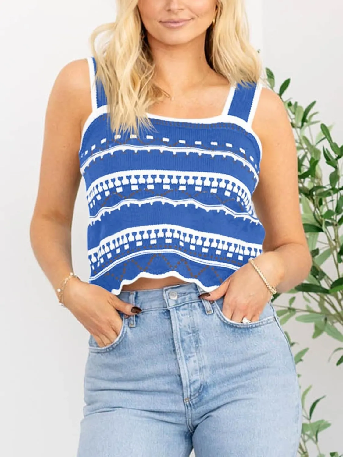 Saodimallsu Womens Striped Crop Tank Top Summer Sleeveless Square Neck Going Out Sexy Y2k Knit Slim Sweater Vest