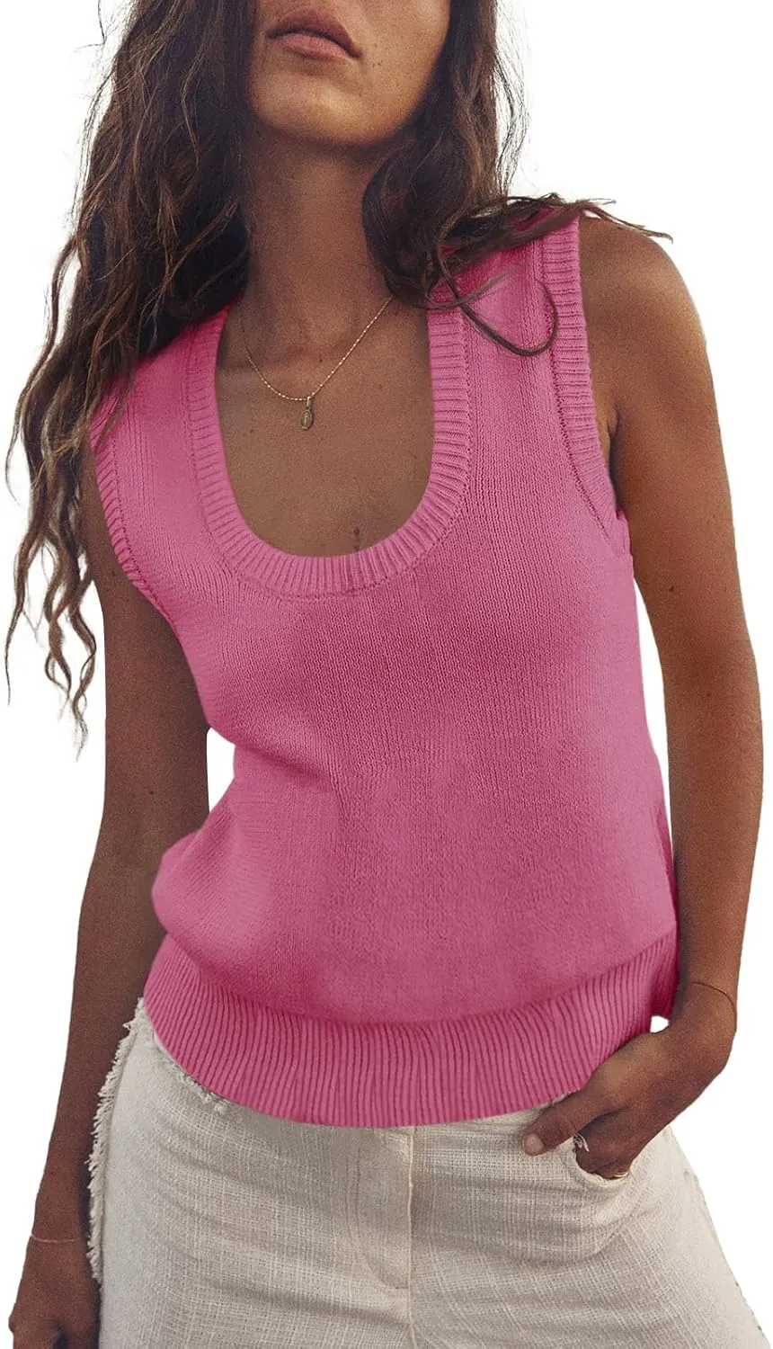 Saodimallsu Womens Summer Sweater Vest Sleeveless Ribbed Knit Tank Tops Going Out Casual Basic Scoop Neck Tshirt