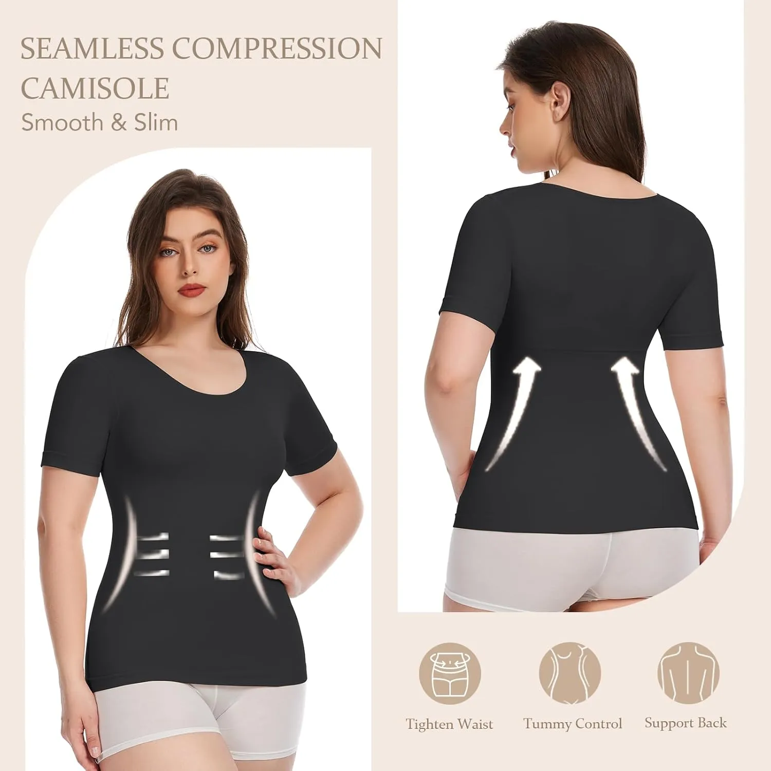 Shapewear Tops for Women Tummy Control Tank Tops Seamless Compression Camisoles Short Sleeve Body Shaper Cami