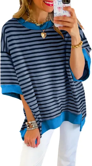 SHEWIN Womens Tops Casual Short Sleeve Sweatshirt Striped Shirt Crewneck Pullover T Shirts Loose Blouses