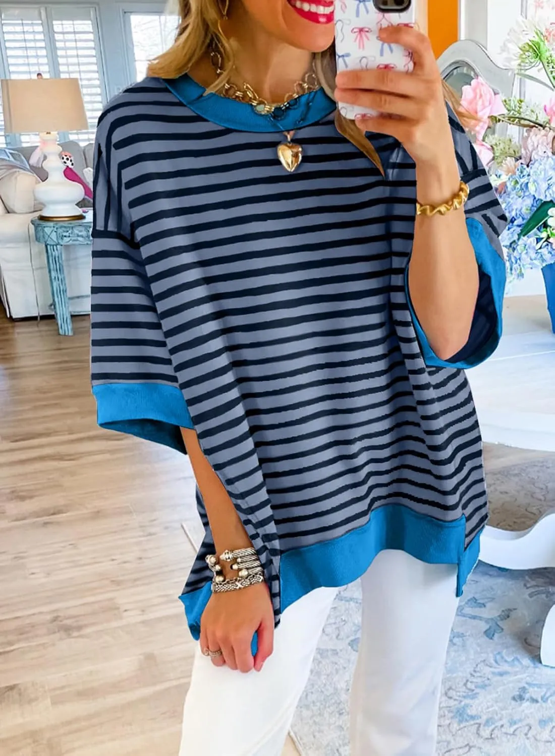 SHEWIN Womens Tops Casual Short Sleeve Sweatshirt Striped Shirt Crewneck Pullover T Shirts Loose Blouses