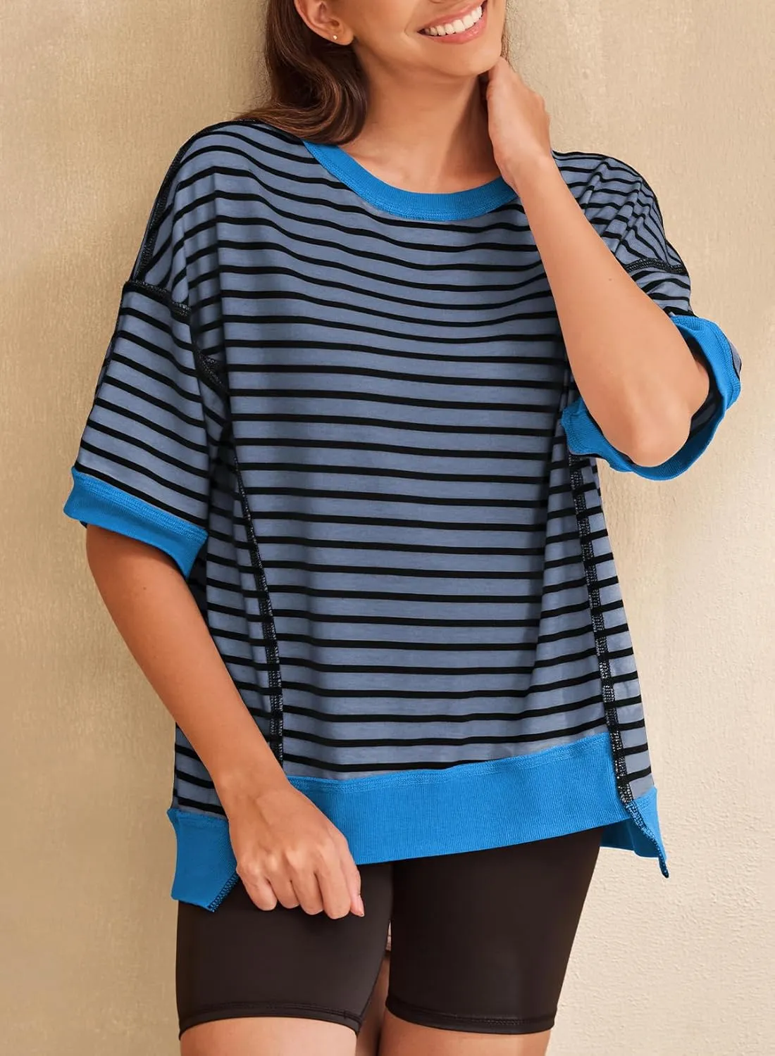 SHEWIN Womens Tops Casual Short Sleeve Sweatshirt Striped Shirt Crewneck Pullover T Shirts Loose Blouses