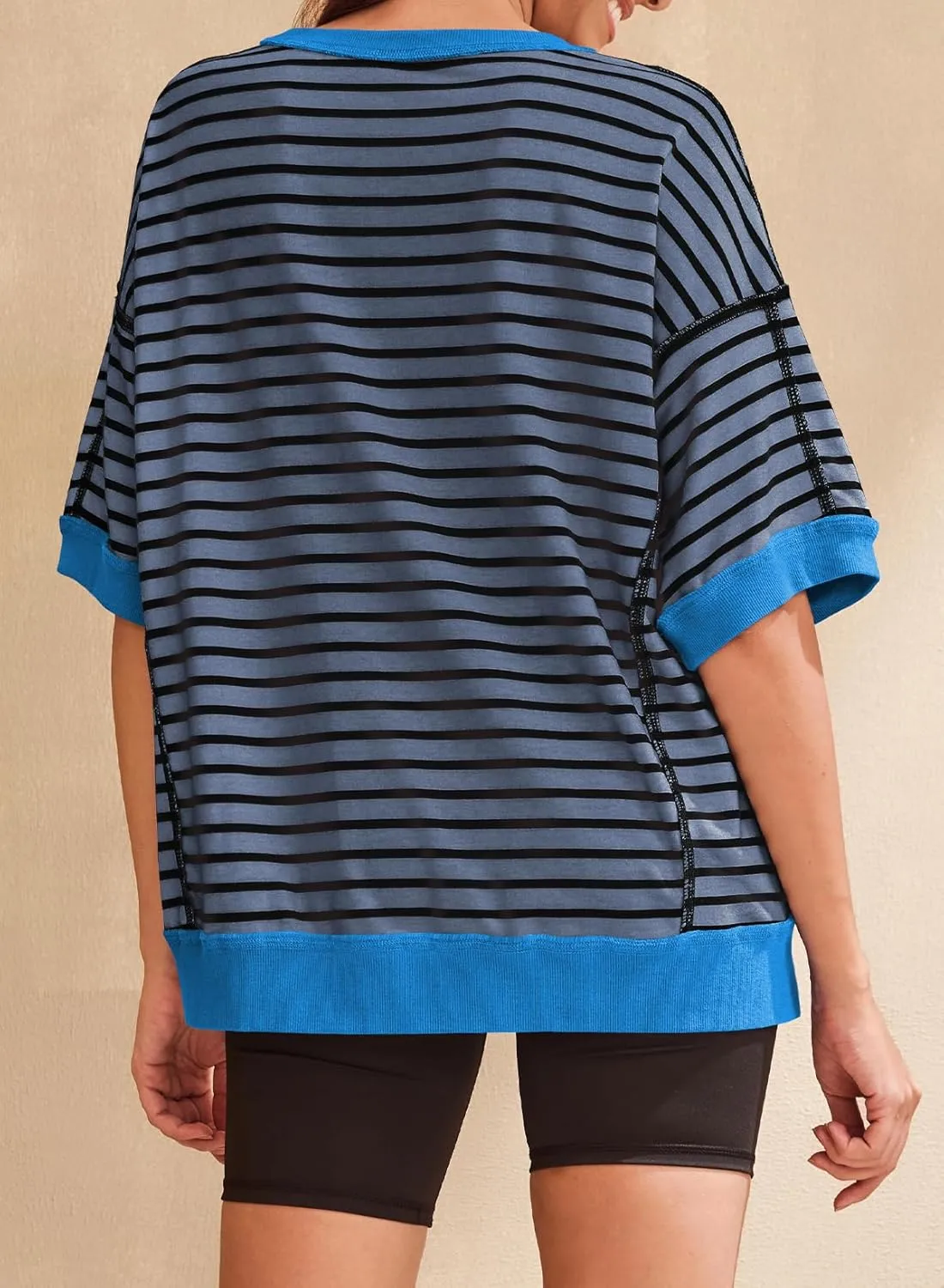 SHEWIN Womens Tops Casual Short Sleeve Sweatshirt Striped Shirt Crewneck Pullover T Shirts Loose Blouses