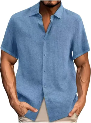 Short Sleeve Button Down Shirt for Men Casual Collared Linen Shirts Vacation Beach Outfits Textured Shirts