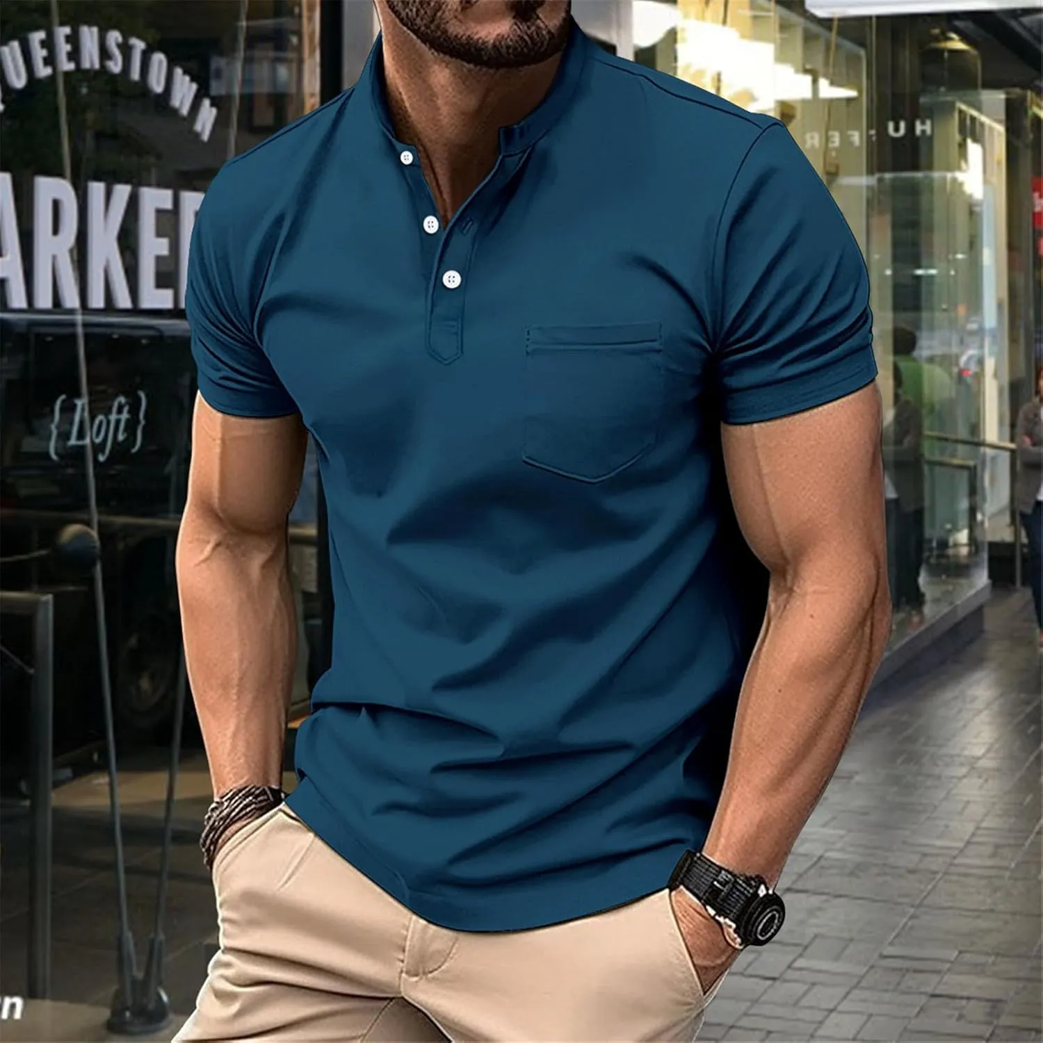 Short Sleeve Muscle Henley T-Shirts for Men Casual Cotton Gym Workout Athletic V Neck Tees Quick Dry Summer Work Polo Shirts