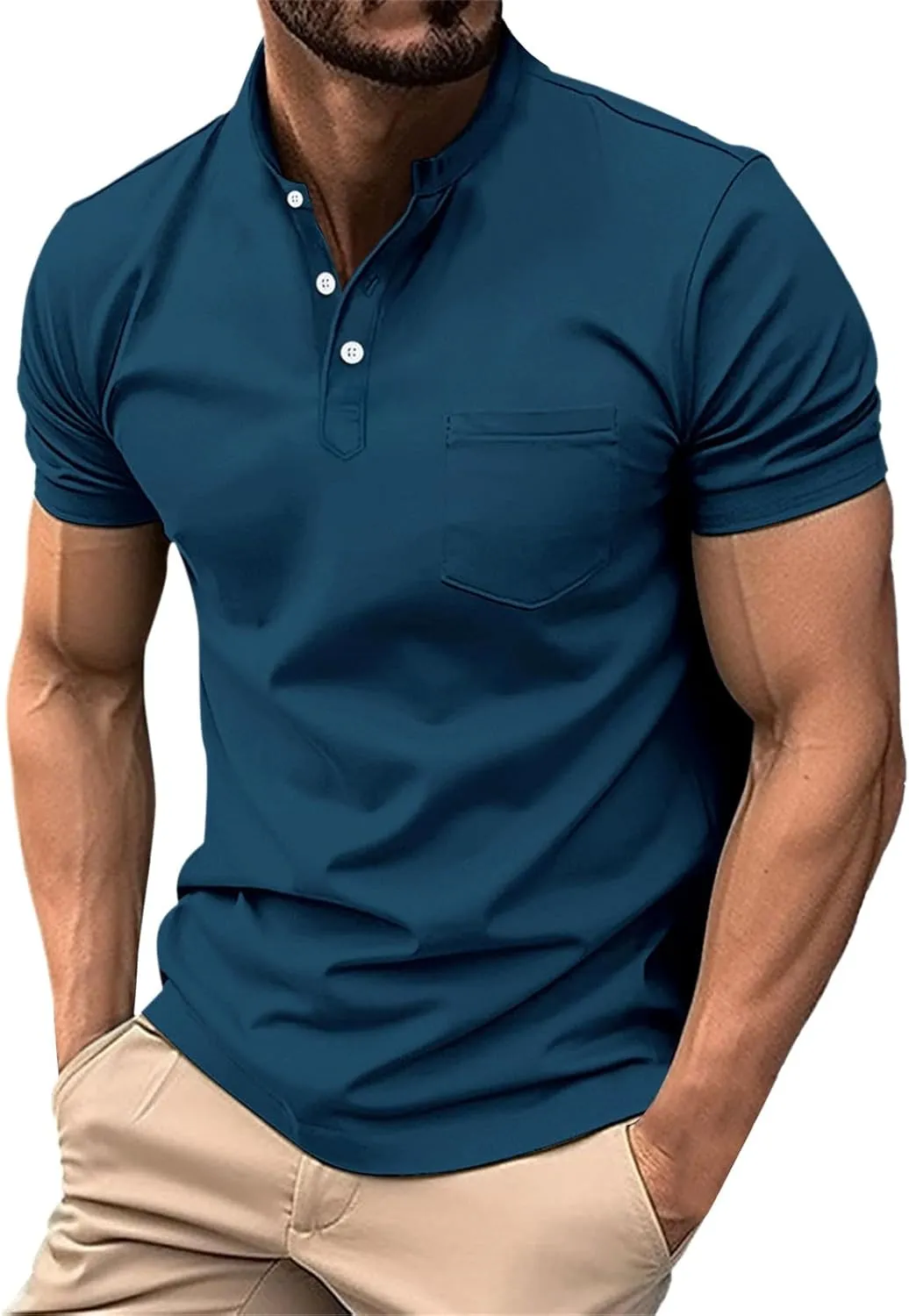 Short Sleeve Muscle Henley T-Shirts for Men Casual Cotton Gym Workout Athletic V Neck Tees Quick Dry Summer Work Polo Shirts