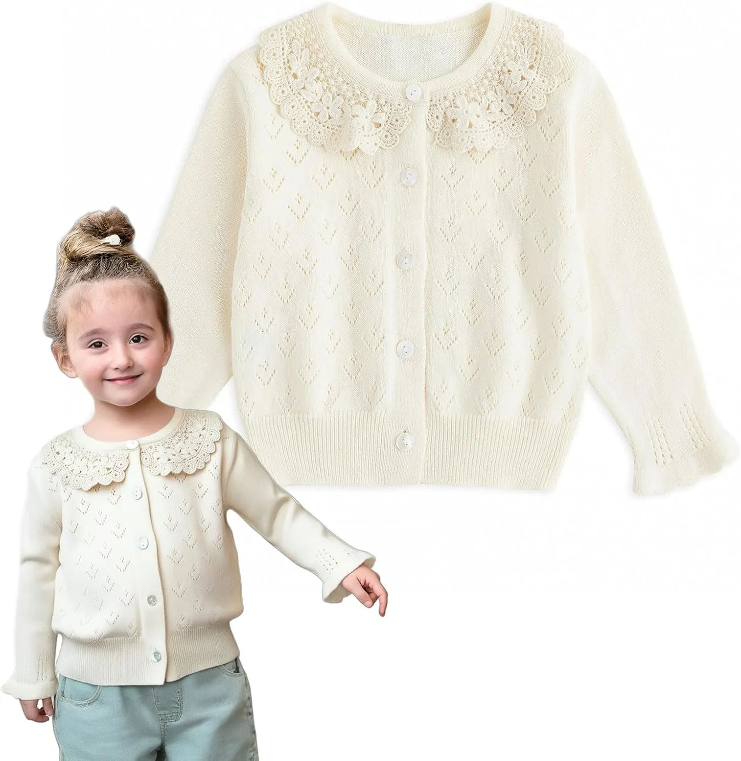 Simplee kids Baby Girl Knit Cardigan Sweater Cream Cotton Autumn Coat