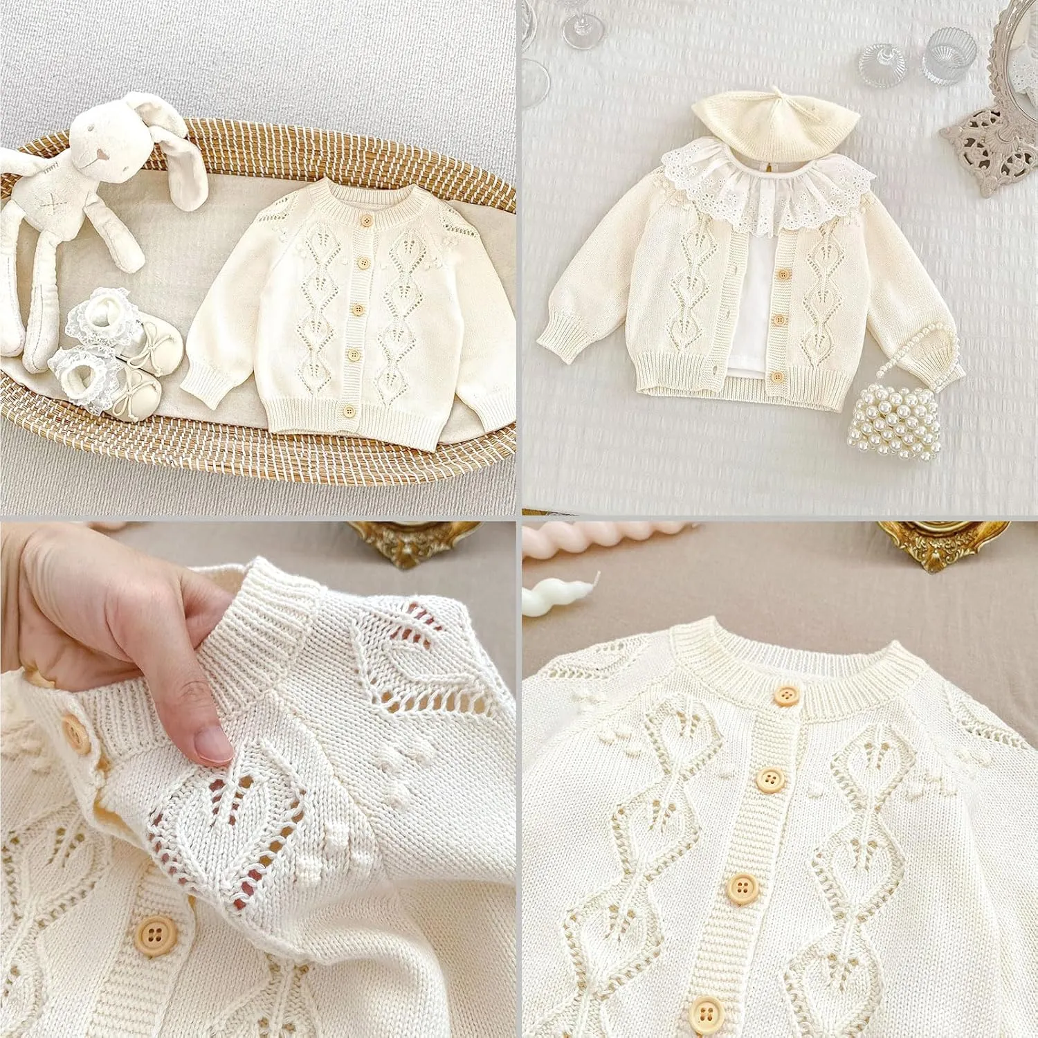 Simplee kids Baby Girl Knit Cardigan Sweater Cream Cotton Autumn Coat