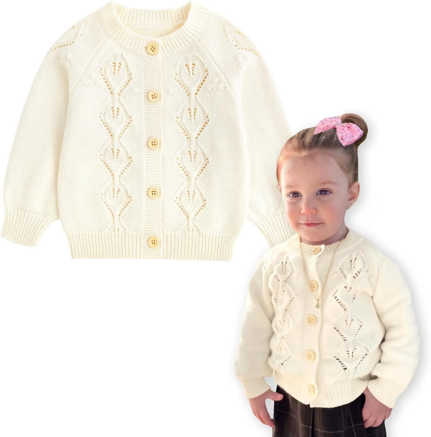 Simplee kids Baby Girl Knit Cardigan Sweater Cream Cotton Autumn Coat