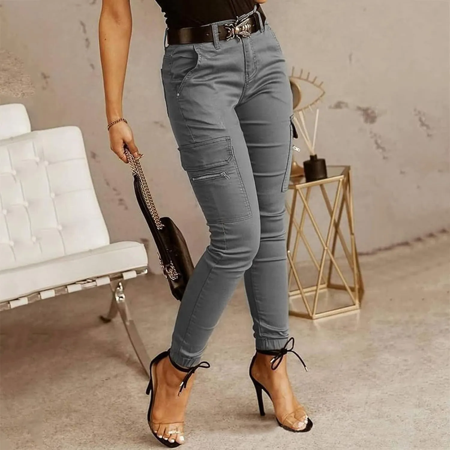Skinny Cargo Pants for Women High Waist Lightweight Dressy Casual Trouser Slim Fit Stretch Multi Pockets Suit Pencil Pants
