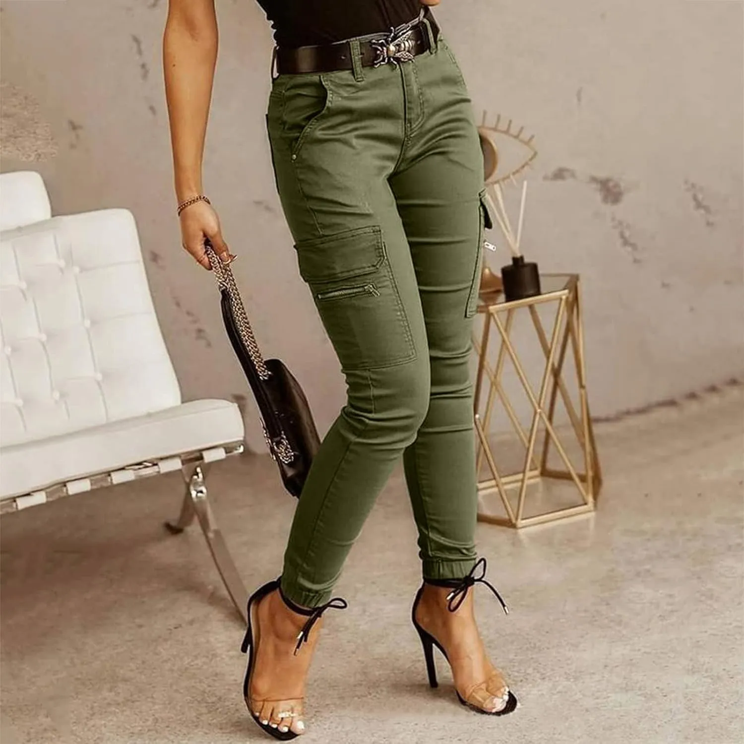 Skinny Cargo Pants for Women High Waist Lightweight Dressy Casual Trouser Slim Fit Stretch Multi Pockets Suit Pencil Pants
