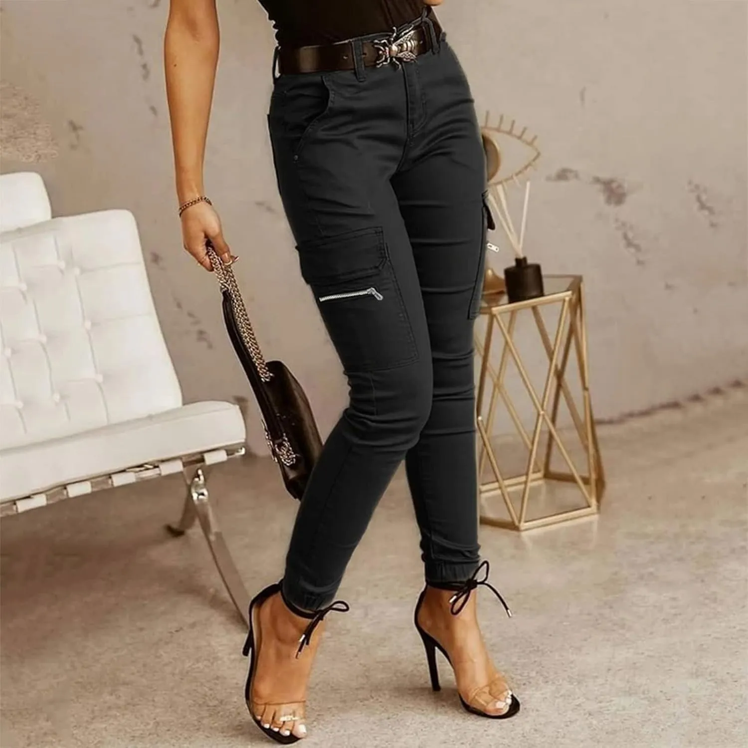 Skinny Cargo Pants for Women High Waist Lightweight Dressy Casual Trouser Slim Fit Stretch Multi Pockets Suit Pencil Pants