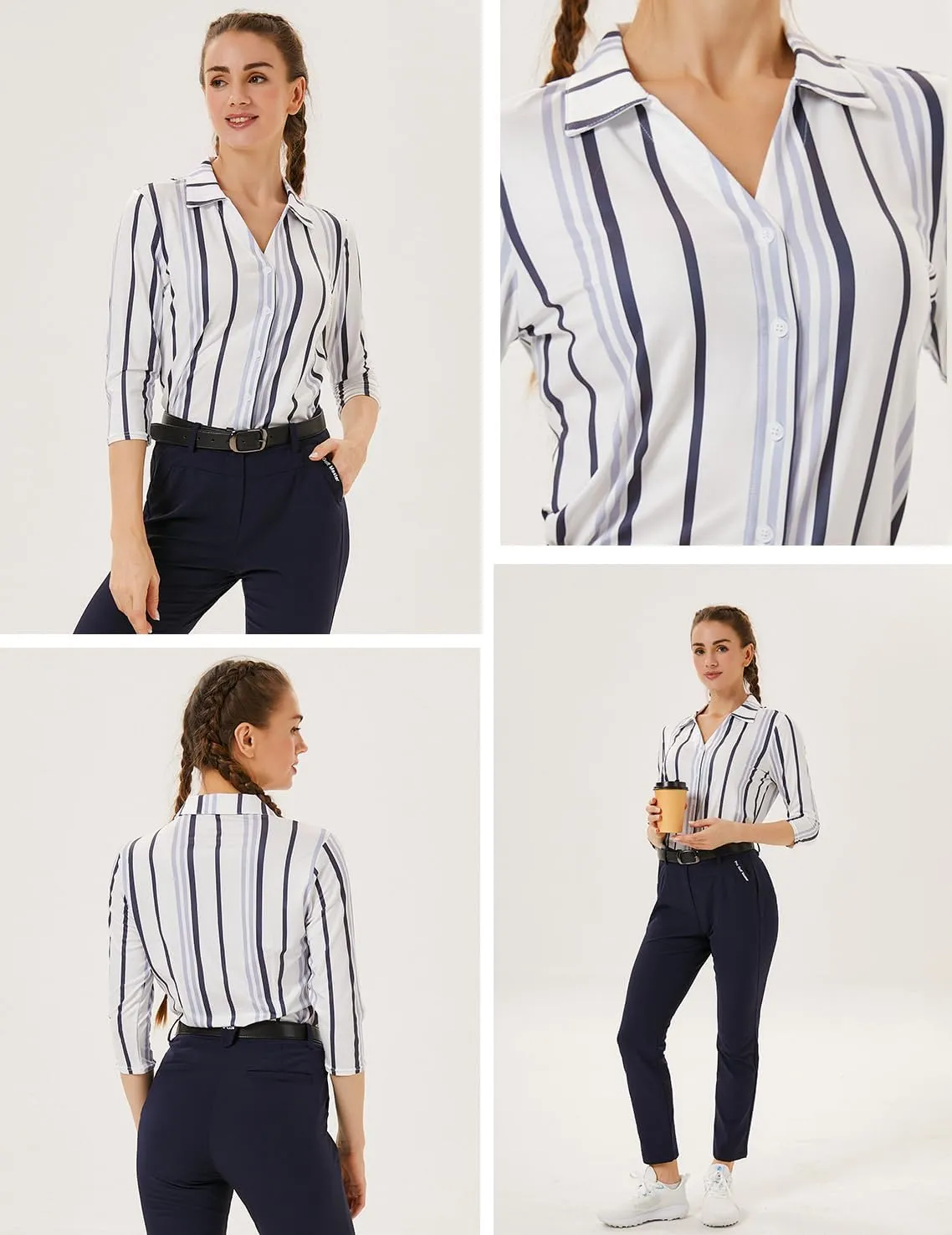 Soneven Womens 3/4 Sleeve Button Down Shirt V Neck Collared Polo Shirts Work Blouses