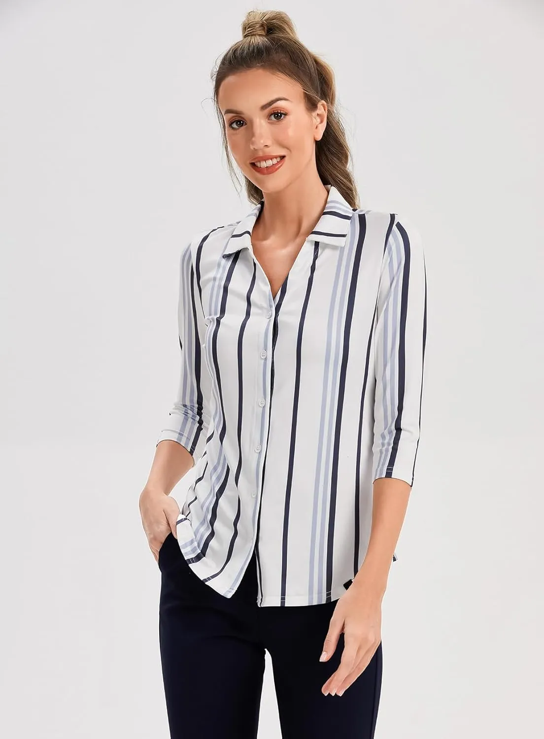 Soneven Womens 3/4 Sleeve Button Down Shirt V Neck Collared Polo Shirts Work Blouses