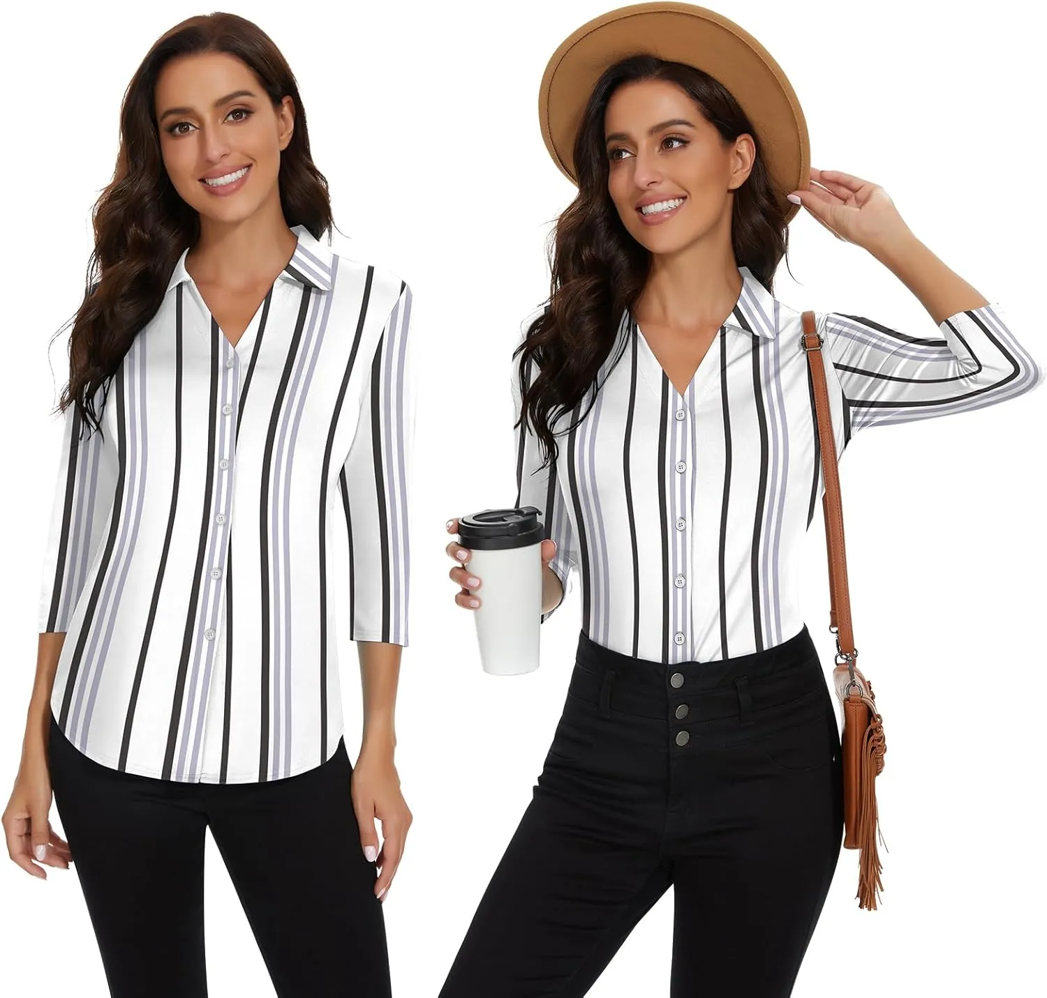 Soneven Womens 3/4 Sleeve Button Down Shirt V Neck Collared Polo Shirts Work Blouses