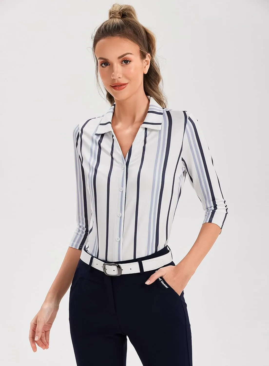 Soneven Womens 3/4 Sleeve Button Down Shirt V Neck Collared Polo Shirts Work Blouses