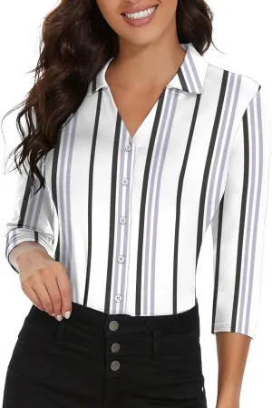 Soneven Womens 3/4 Sleeve Button Down Shirt V Neck Collared Polo Shirts Work Blouses