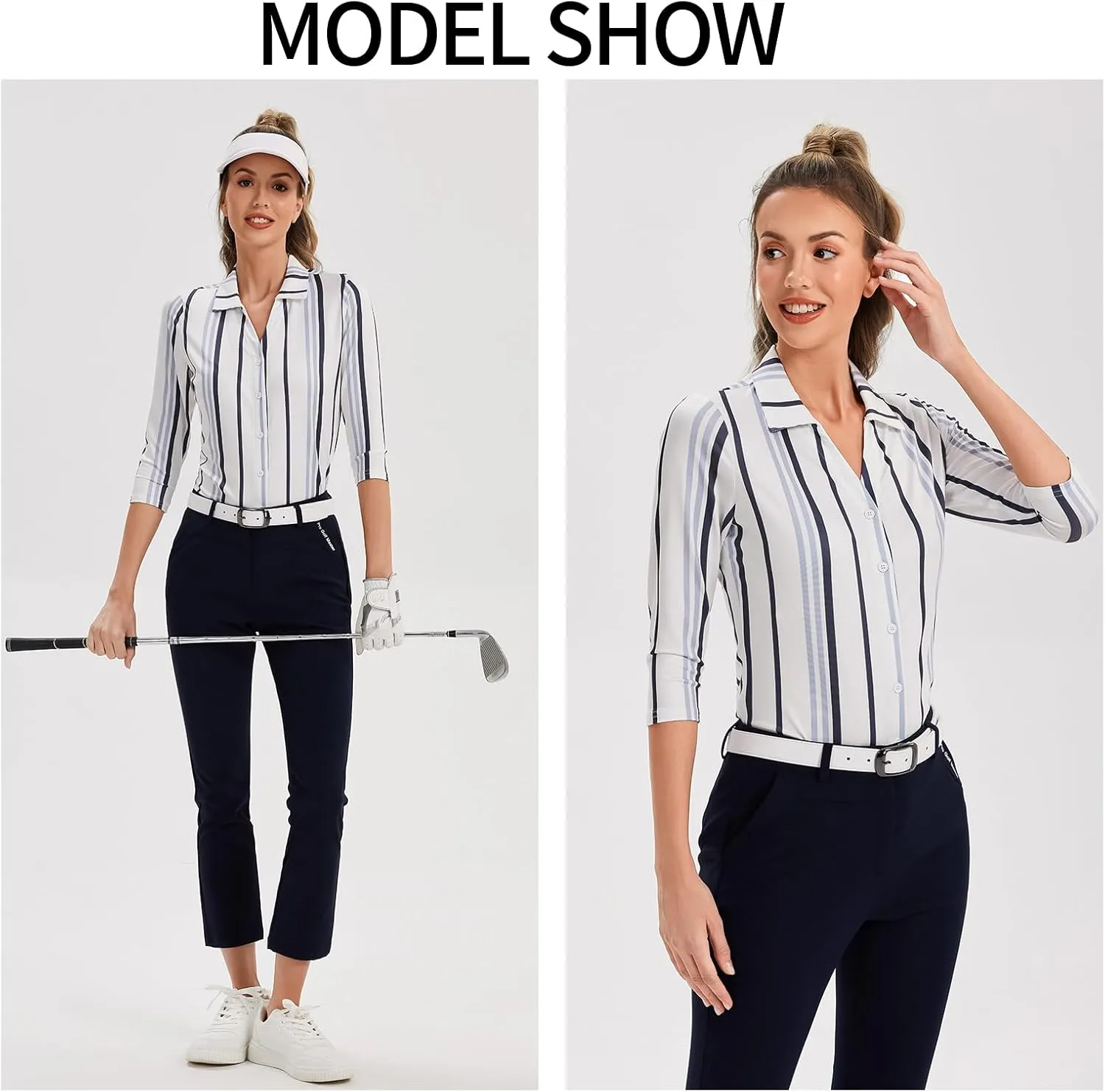 Soneven Womens 3/4 Sleeve Button Down Shirt V Neck Collared Polo Shirts Work Blouses