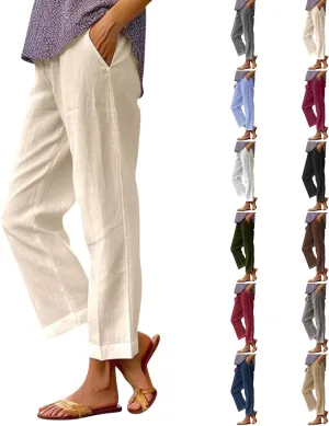 Straight Leg Linen Pants Women Summer Elastic Waist Plus Size Capri Pants Comfy Baggy Beach Trousers with Pockets