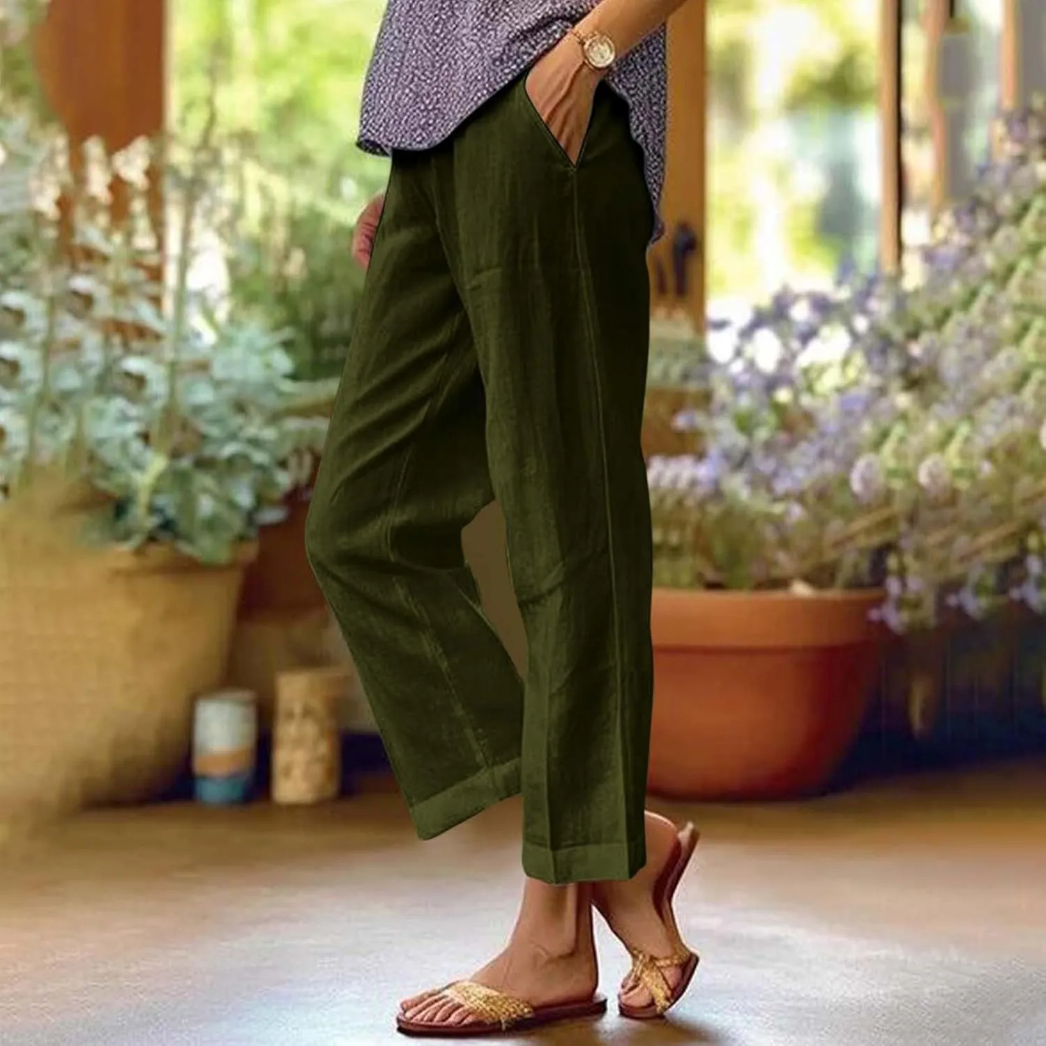 Straight Leg Linen Pants Women Summer Elastic Waist Plus Size Capri Pants Comfy Baggy Beach Trousers with Pockets