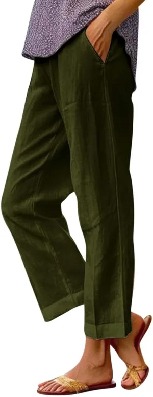 Straight Leg Linen Pants Women Summer Elastic Waist Plus Size Capri Pants Comfy Baggy Beach Trousers with Pockets