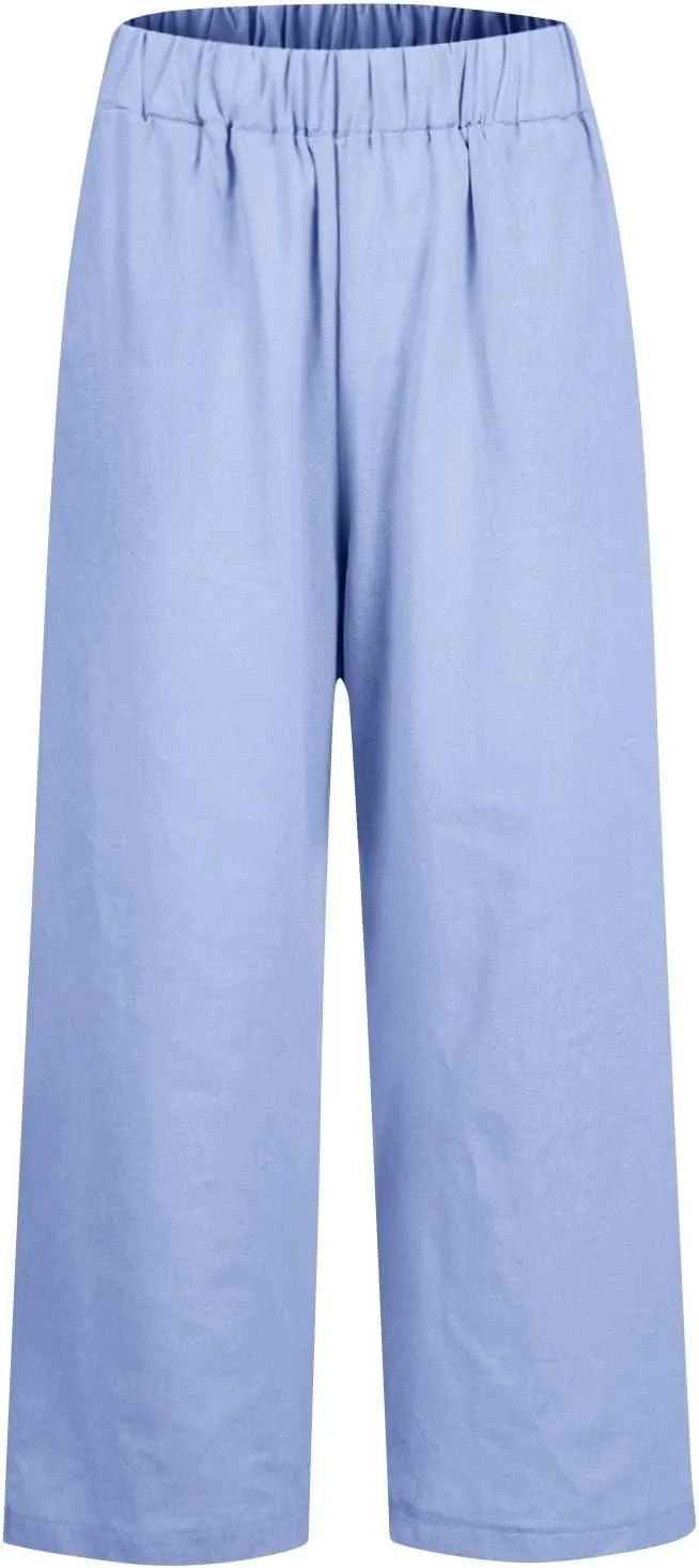 Straight Leg Linen Pants Women Summer Elastic Waist Plus Size Capri Pants Comfy Baggy Beach Trousers with Pockets
