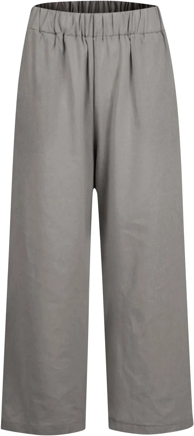Straight Leg Linen Pants Women Summer Elastic Waist Plus Size Capri Pants Comfy Baggy Beach Trousers with Pockets