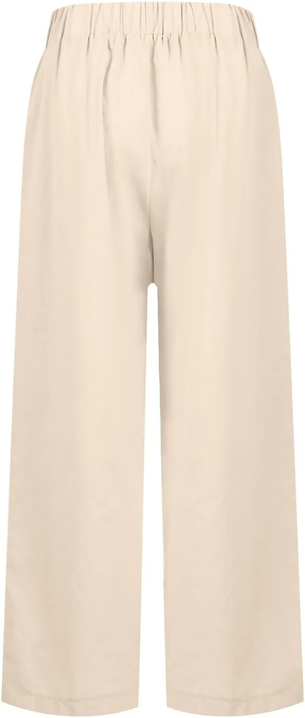 Straight Leg Linen Pants Women Summer Elastic Waist Plus Size Capri Pants Comfy Baggy Beach Trousers with Pockets