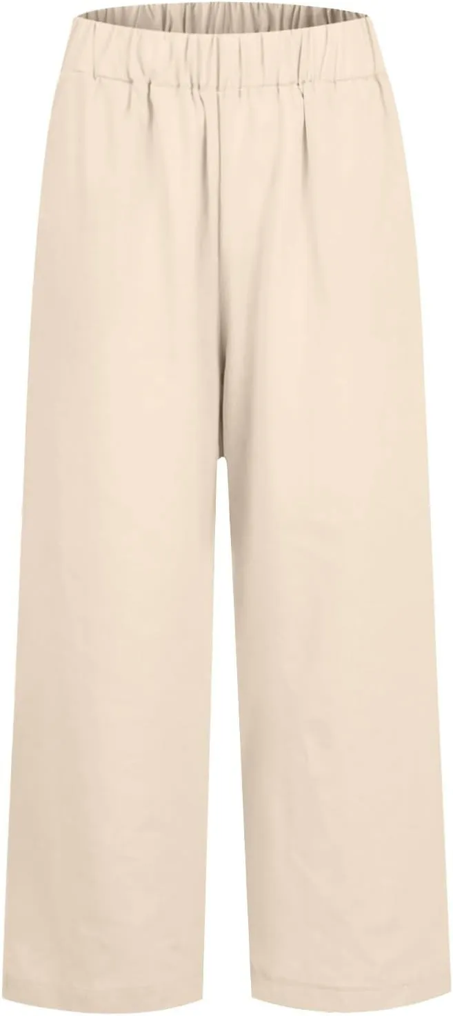 Straight Leg Linen Pants Women Summer Elastic Waist Plus Size Capri Pants Comfy Baggy Beach Trousers with Pockets