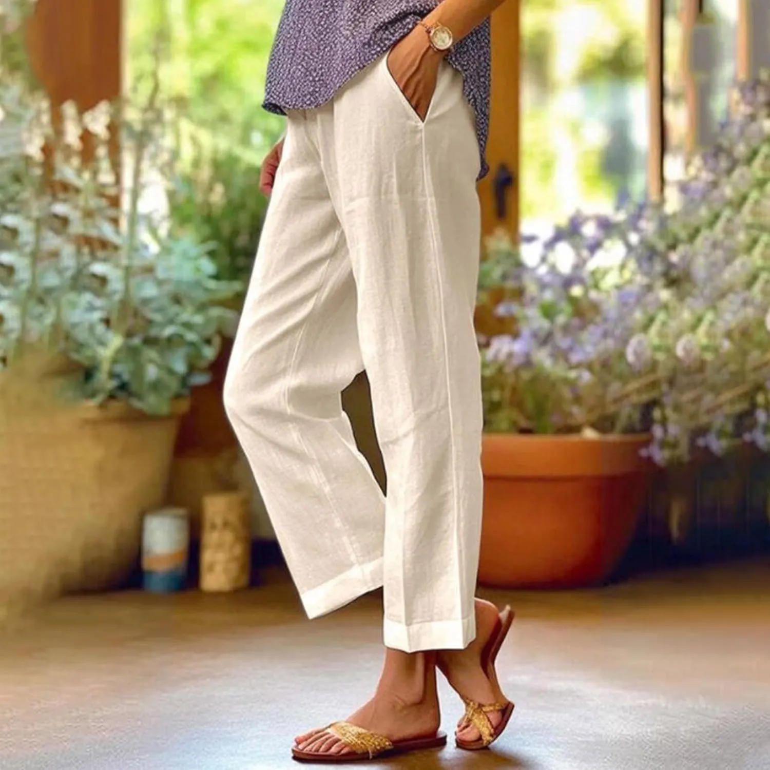 Straight Leg Linen Pants Women Summer Elastic Waist Plus Size Capri Pants Comfy Baggy Beach Trousers with Pockets