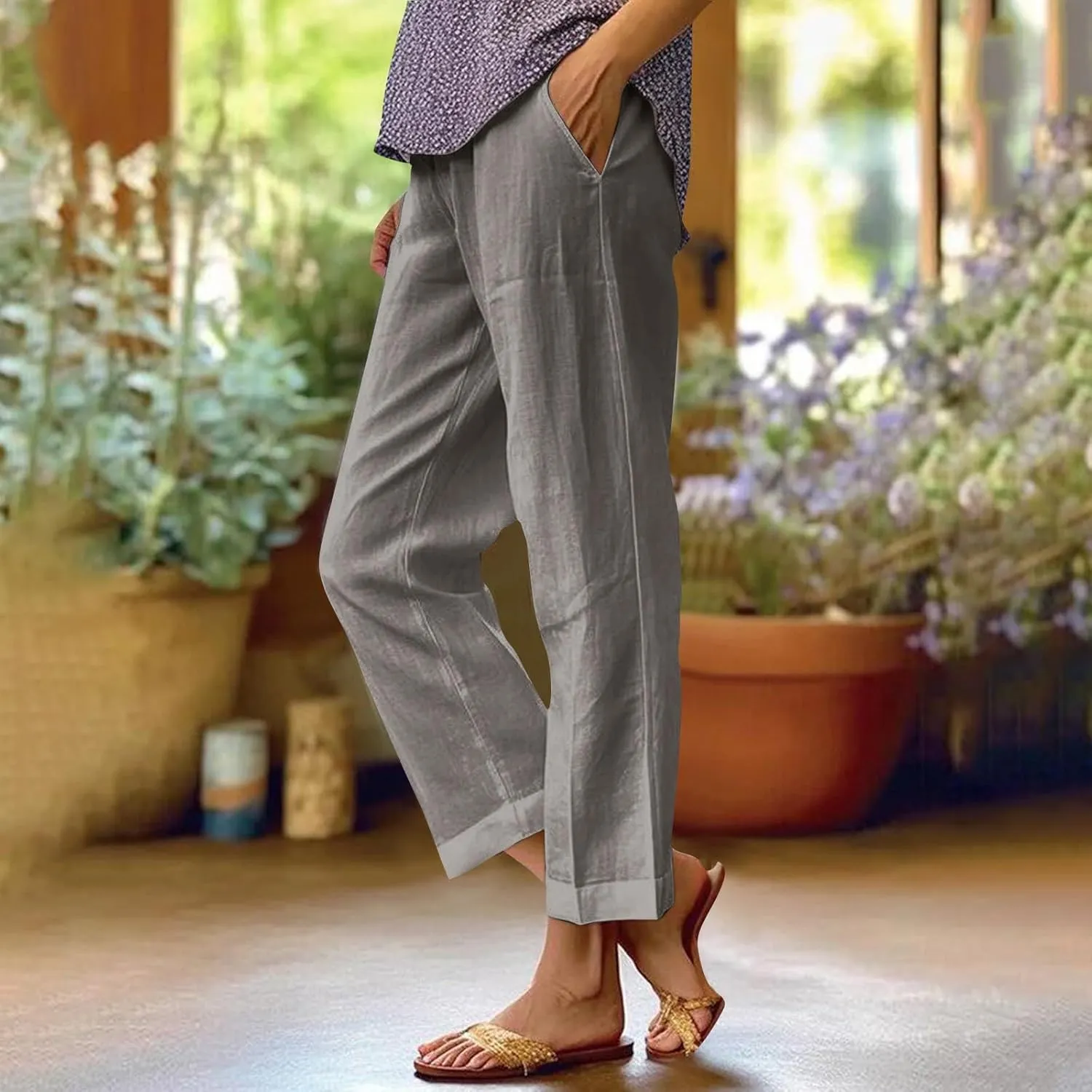Straight Leg Linen Pants Women Summer Elastic Waist Plus Size Capri Pants Comfy Baggy Beach Trousers with Pockets