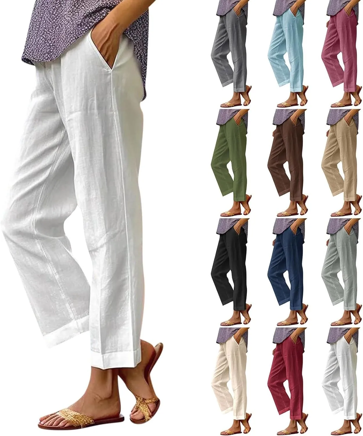 Straight Leg Linen Pants Women Summer Elastic Waist Plus Size Capri Pants Comfy Baggy Beach Trousers with Pockets