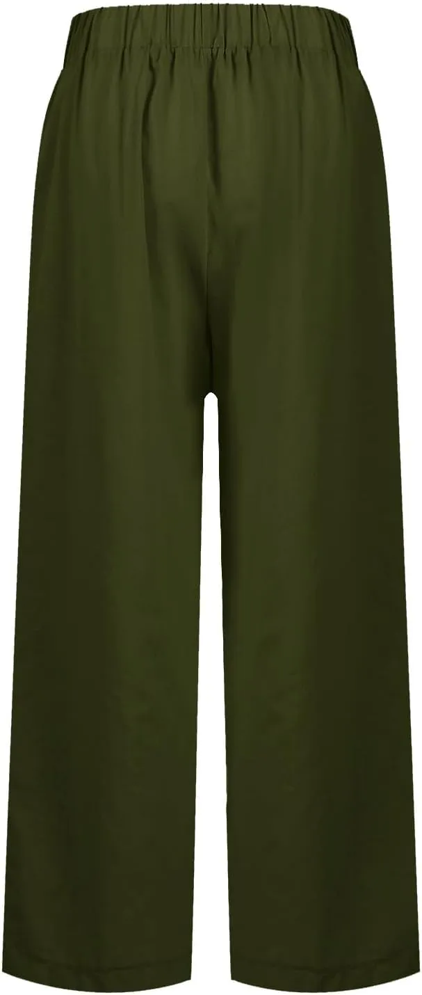 Straight Leg Linen Pants Women Summer Elastic Waist Plus Size Capri Pants Comfy Baggy Beach Trousers with Pockets