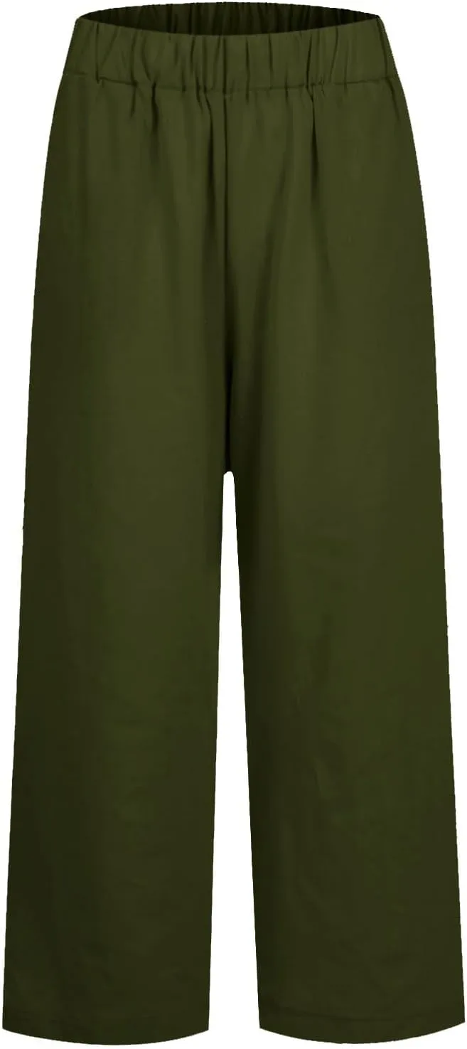 Straight Leg Linen Pants Women Summer Elastic Waist Plus Size Capri Pants Comfy Baggy Beach Trousers with Pockets
