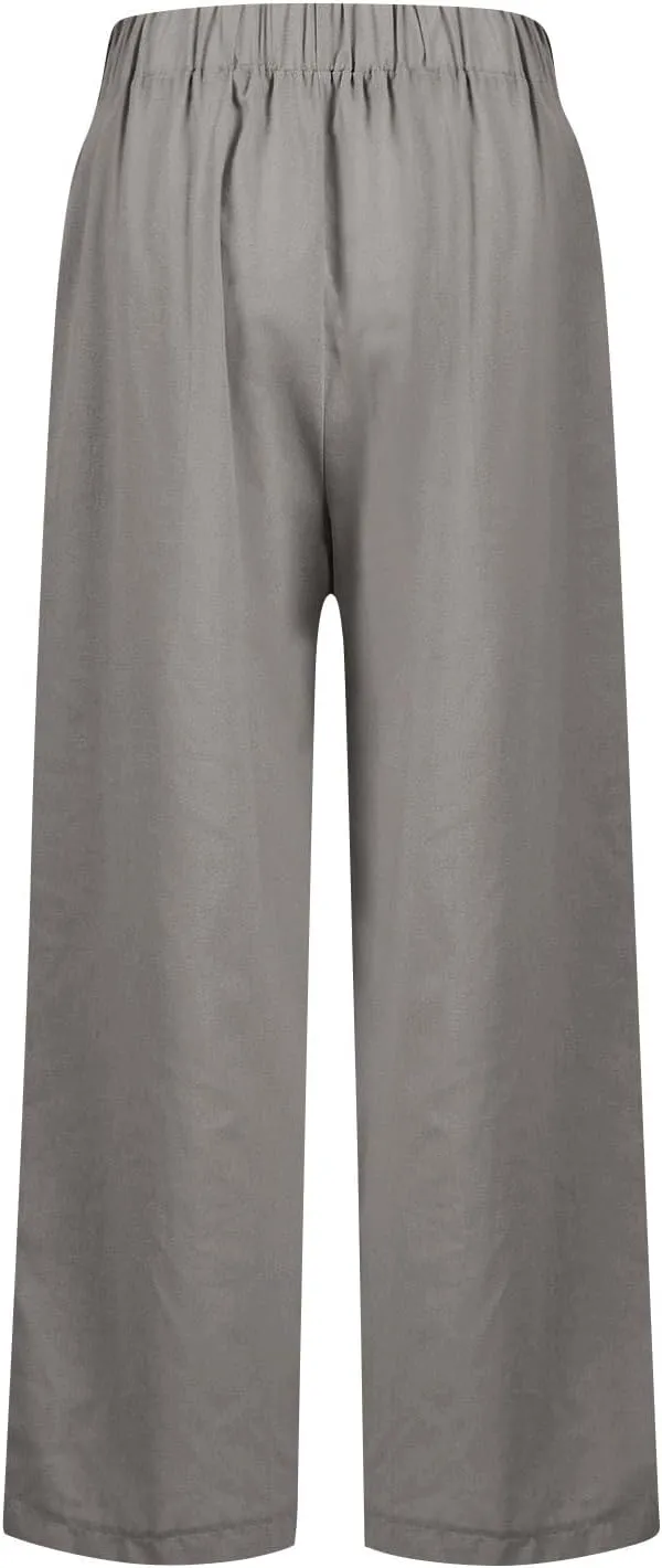Straight Leg Linen Pants Women Summer Elastic Waist Plus Size Capri Pants Comfy Baggy Beach Trousers with Pockets