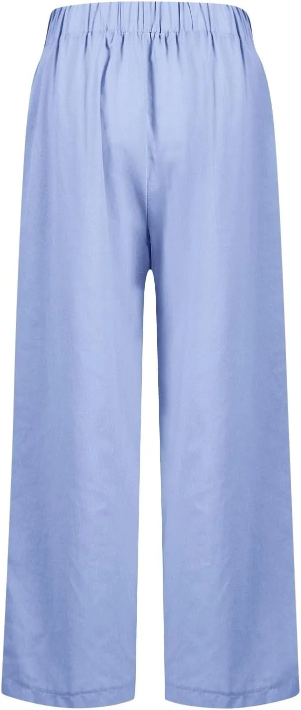 Straight Leg Linen Pants Women Summer Elastic Waist Plus Size Capri Pants Comfy Baggy Beach Trousers with Pockets