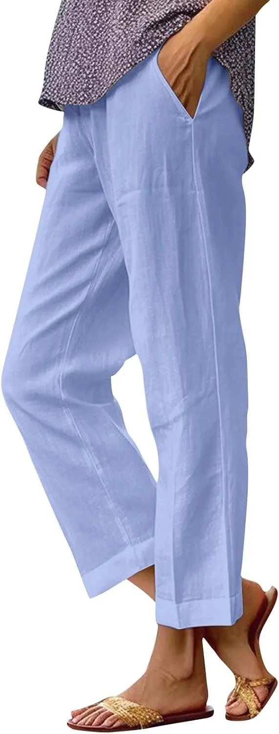 Straight Leg Linen Pants Women Summer Elastic Waist Plus Size Capri Pants Comfy Baggy Beach Trousers with Pockets