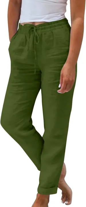 Straight Leg Pants for Women Casual High Waisted Linen Capri Pants Lightweight Comfy Lounge Trousers with Pockets