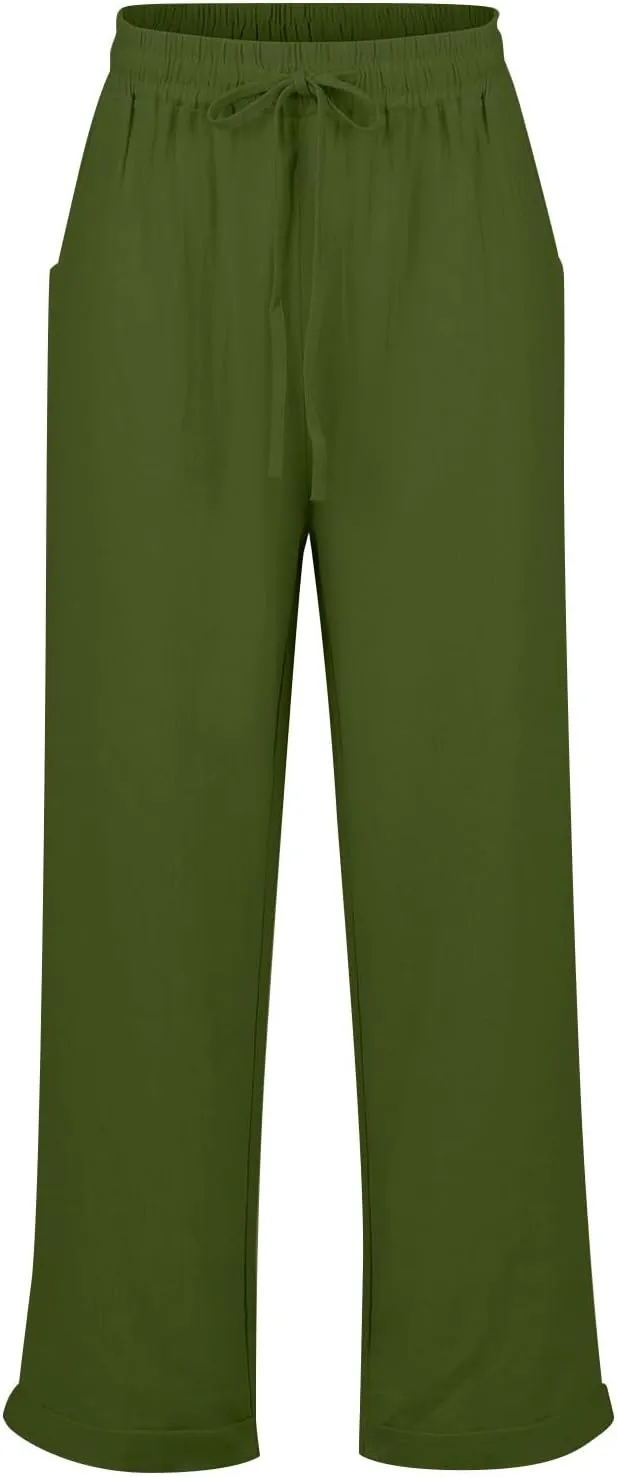 Straight Leg Pants for Women Casual High Waisted Linen Capri Pants Lightweight Comfy Lounge Trousers with Pockets