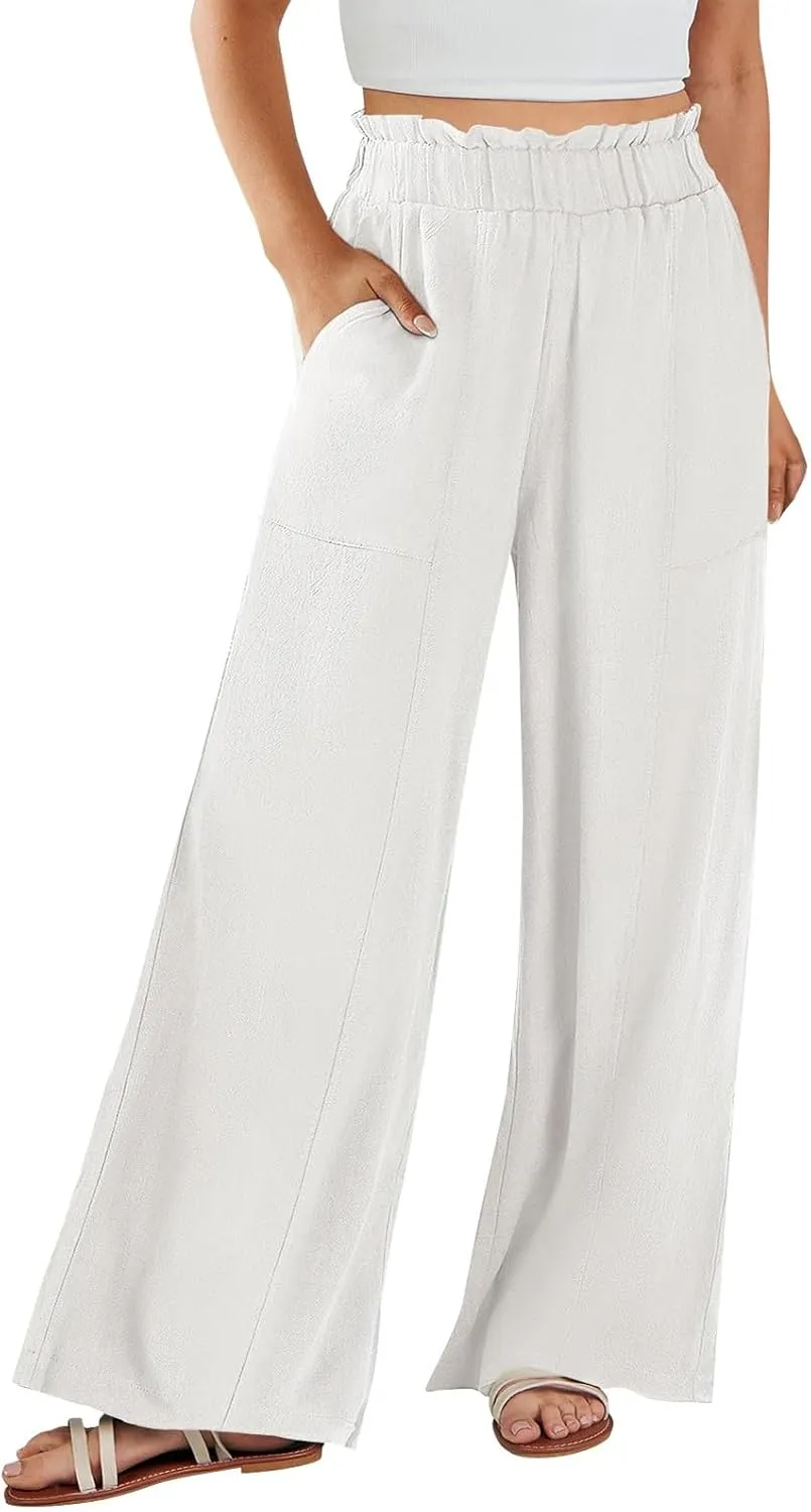 Straight Leg Pants Women Casual Baggy Elastic Waist Flowy Palazzo Pants Tie Knot Summer Beach Trousers with Pockets
