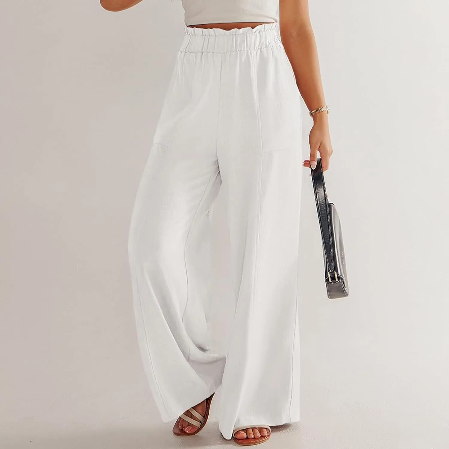 Straight Leg Pants Women Casual Baggy Elastic Waist Flowy Palazzo Pants Tie Knot Summer Beach Trousers with Pockets