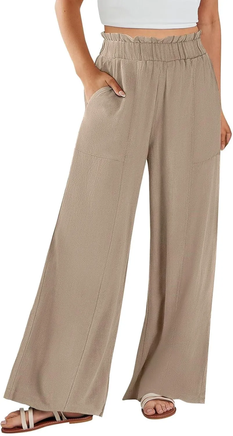 Straight Leg Pants Women Casual Baggy Elastic Waist Flowy Palazzo Pants Tie Knot Summer Beach Trousers with Pockets