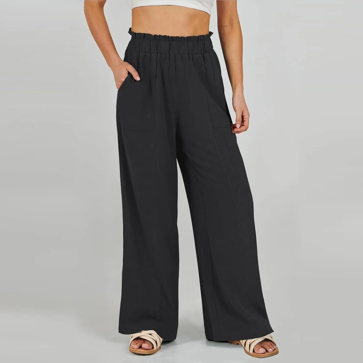 Straight Leg Pants Women Casual Baggy Elastic Waist Flowy Palazzo Pants Tie Knot Summer Beach Trousers with Pockets