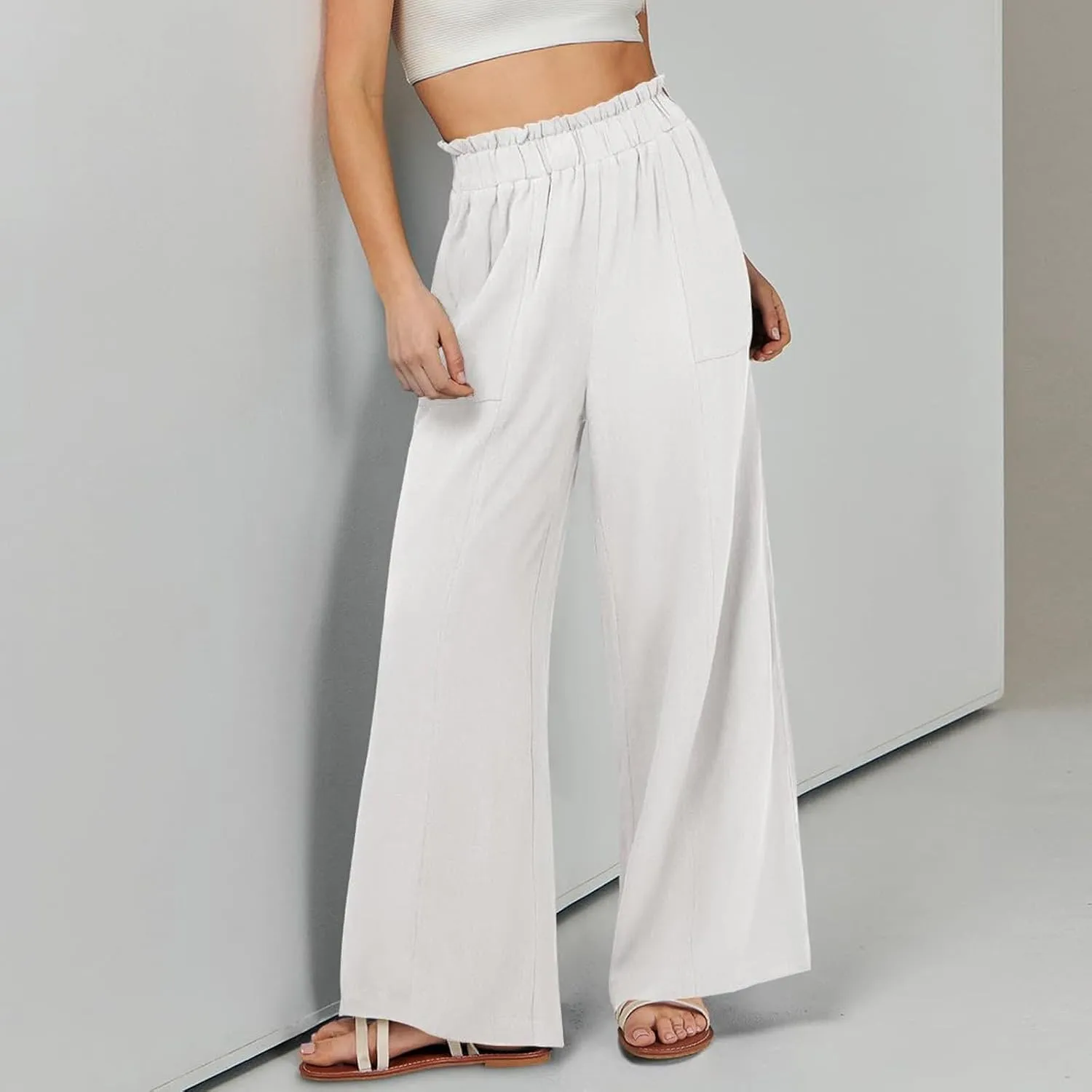 Straight Leg Pants Women Casual Baggy Elastic Waist Flowy Palazzo Pants Tie Knot Summer Beach Trousers with Pockets