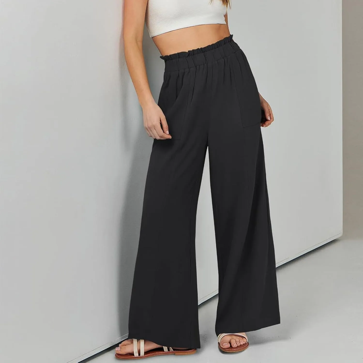 Straight Leg Pants Women Casual Baggy Elastic Waist Flowy Palazzo Pants Tie Knot Summer Beach Trousers with Pockets