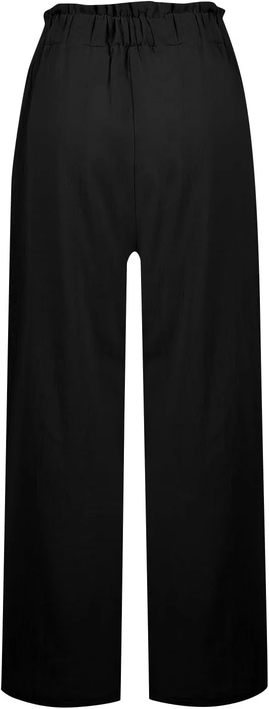 Straight Leg Pants Women Casual Baggy Elastic Waist Flowy Palazzo Pants Tie Knot Summer Beach Trousers with Pockets
