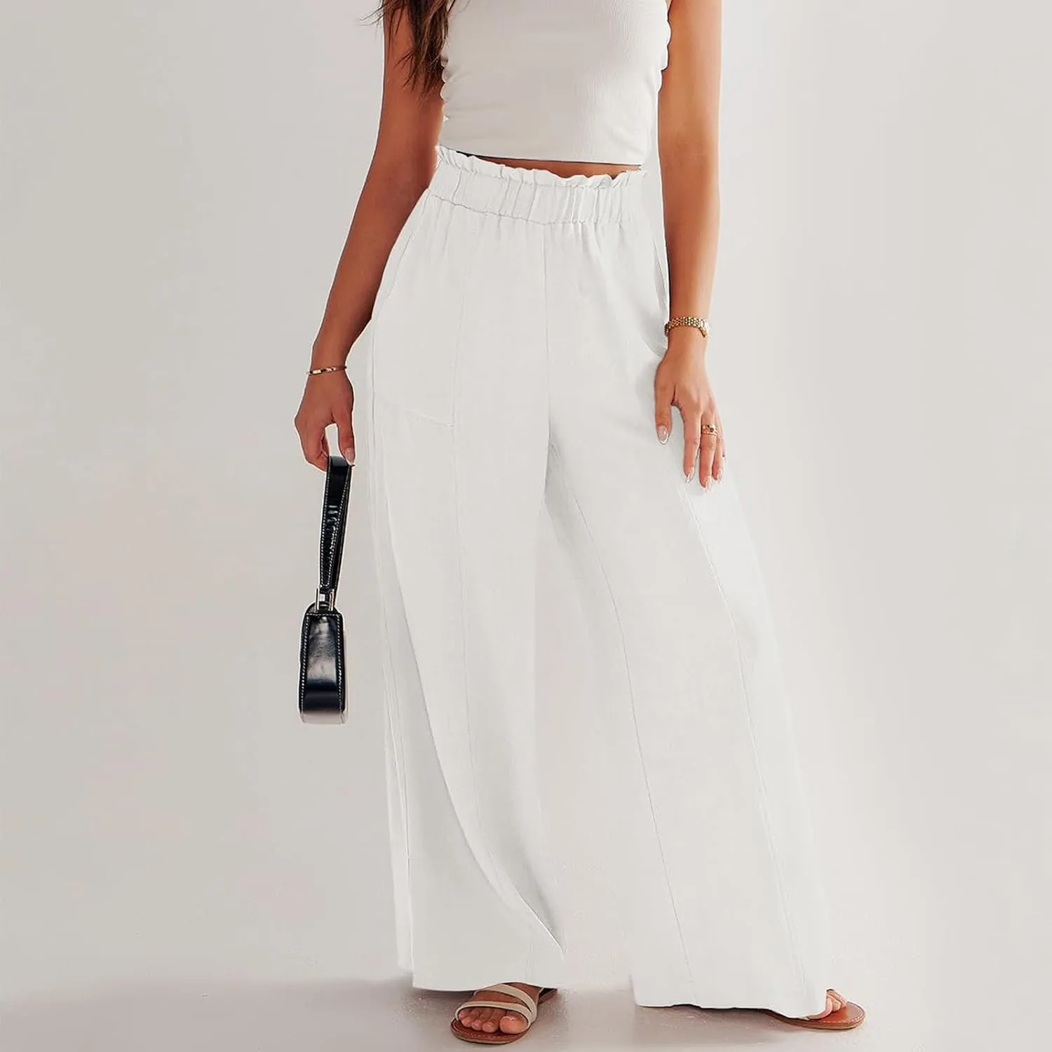 Straight Leg Pants Women Casual Baggy Elastic Waist Flowy Palazzo Pants Tie Knot Summer Beach Trousers with Pockets