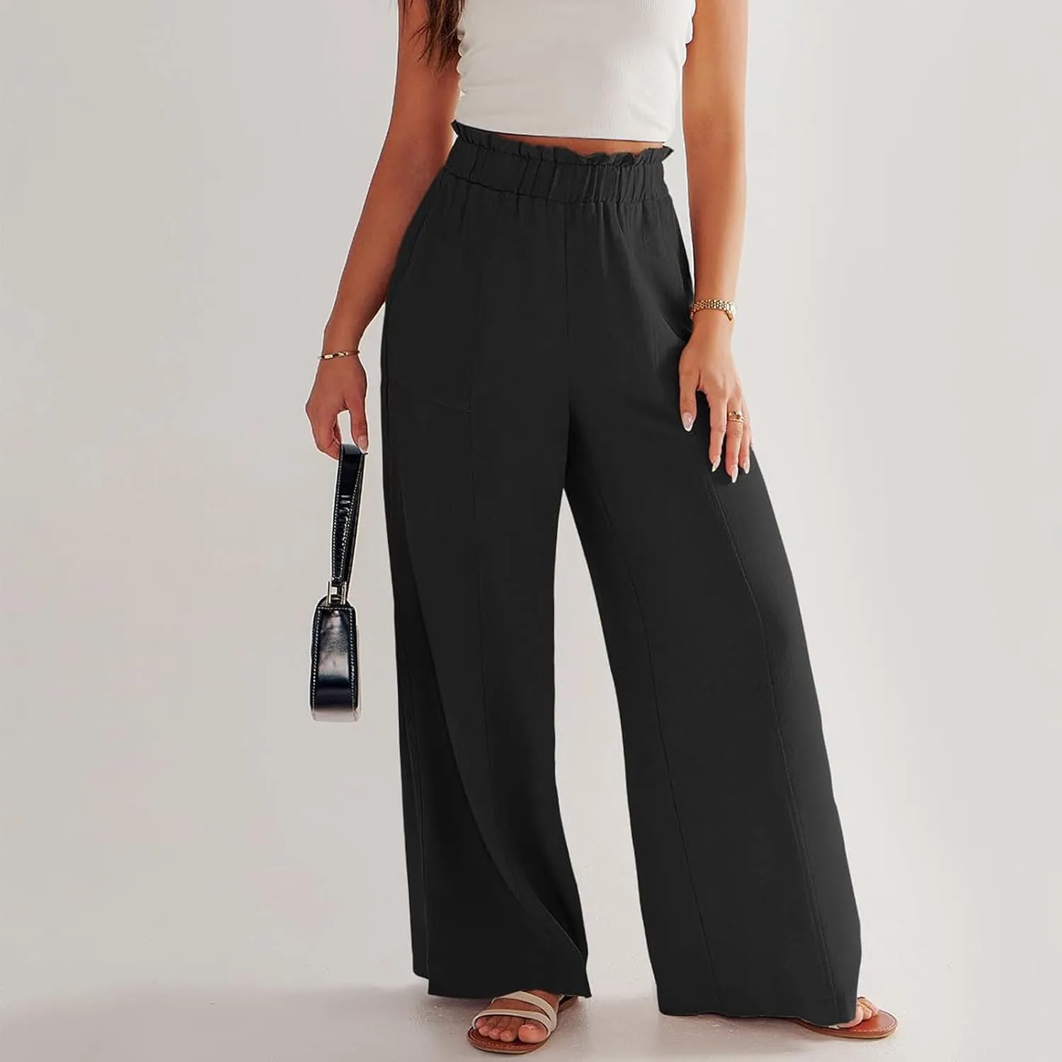 Straight Leg Pants Women Casual Baggy Elastic Waist Flowy Palazzo Pants Tie Knot Summer Beach Trousers with Pockets
