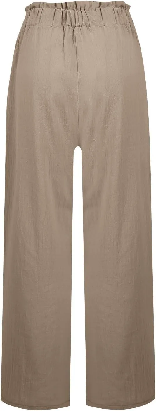 Straight Leg Pants Women Casual Baggy Elastic Waist Flowy Palazzo Pants Tie Knot Summer Beach Trousers with Pockets